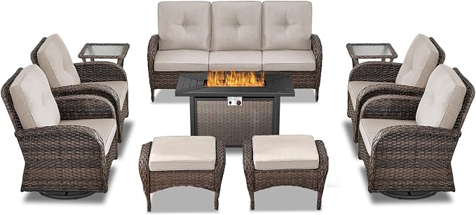 Belord Expansive 10 Pieces Outdoor Patio Furniture Set with 43” Propane Fire Pit Table, Patio Conversation Set with Swivel Rocker Outdoor Chairs Set of 4 and Sofa, Ottoman and Wicker Side Table Brown