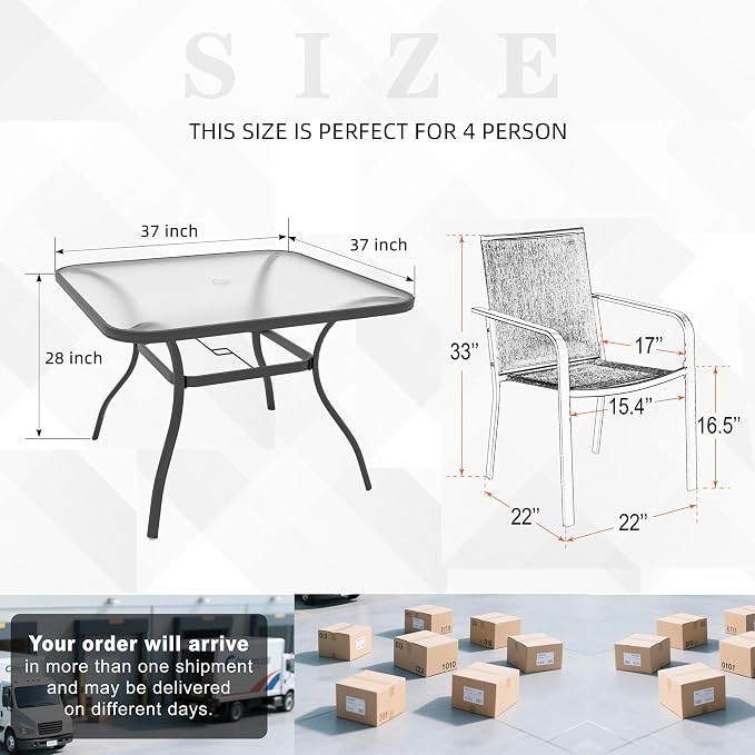 Outdoor 37" Square Glass Table & Brown Stackable Chairs Patio Dining Set 5 | 4 Piece Stackable Chairs Textilene Seat and Back, Table & Chair with Metal Frame, Square Glass Table Top, 1.7" Umbrella Hole