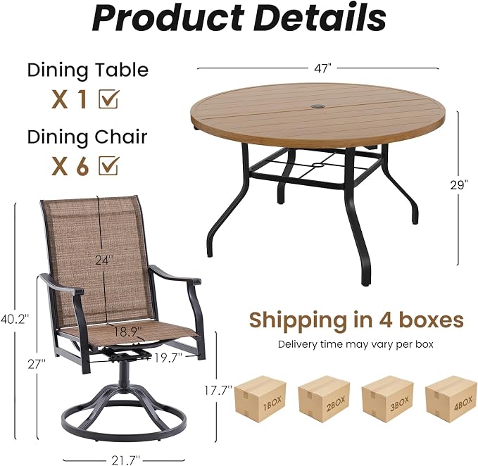 Soohow Outdoor Dining Set for 6, 7-Piece Patio Table and Chairs Set, 6 x Swivel Patio Dining Chairs and 47" Wood-Like Round Outdoor Table with 1.57" Umbrella Hole for Backyard, Poolside