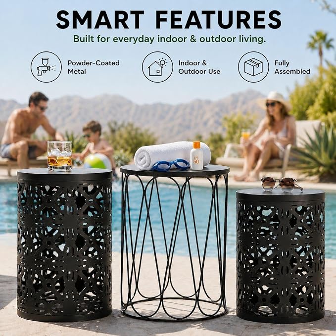 Y&M Outdoor Side Tables Set of 3, Metal Stacking Patio Side Tables for Outside, Round Indoor End Tables, Decorative Garden Stool Plant Stand for Patio Garden Balcony Porch, Black