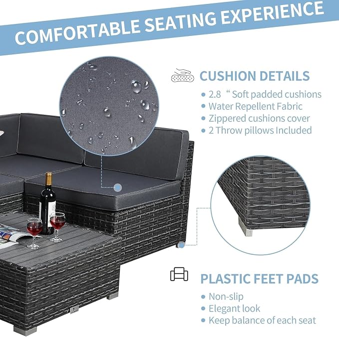 7-Piece Outdoor Patio Furniture Set with PE Rattan Wicker Sectional Sofa, Cushioned Conversation Set and Coffee Table for Garden, Backyard, Porch Seating