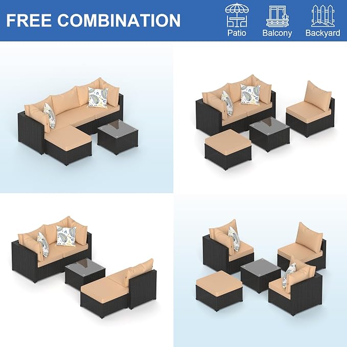 Patio Furniture Set, 5PCS Patio Sectional with Ottoman Wicker Rattan Outdoor Furniture with Thickened Cushion Modular Wicker Patio Conversation Set with Glass Top Table for Balcony, Backyard(Khaki)