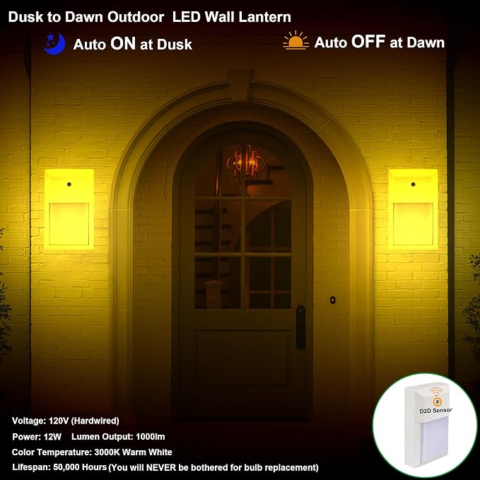 Outdoor Porch Light, LED Wall Sconce, Rustproof Aluminum | Dusk to Dawn Modern Exterior Wall Light Fixture for House, Patio, Garage, 12W 1000 Lumen, Waterproof, 3000K, White, 2 Pack