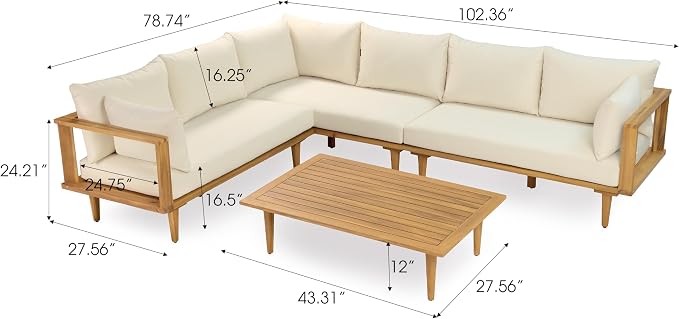 Christopher Knight Home Flynn Acacia Wood Patio Furniture Set, 6-Seater L-Shaped Sectional Sofa Set and Small Coffee Table, Outdoor Conversation Set for Backyard Poolside Balcony, Natural+Beige