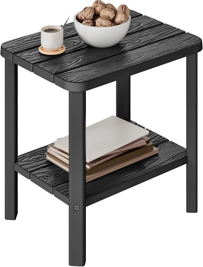 KAMABOKO Outdoor Side Table, 2-Tier Adirondack Square Patio Table, HDPE End Tables for Backyard Pool Porch Lawn, Easy Maintenance & Weather Resistant, Black