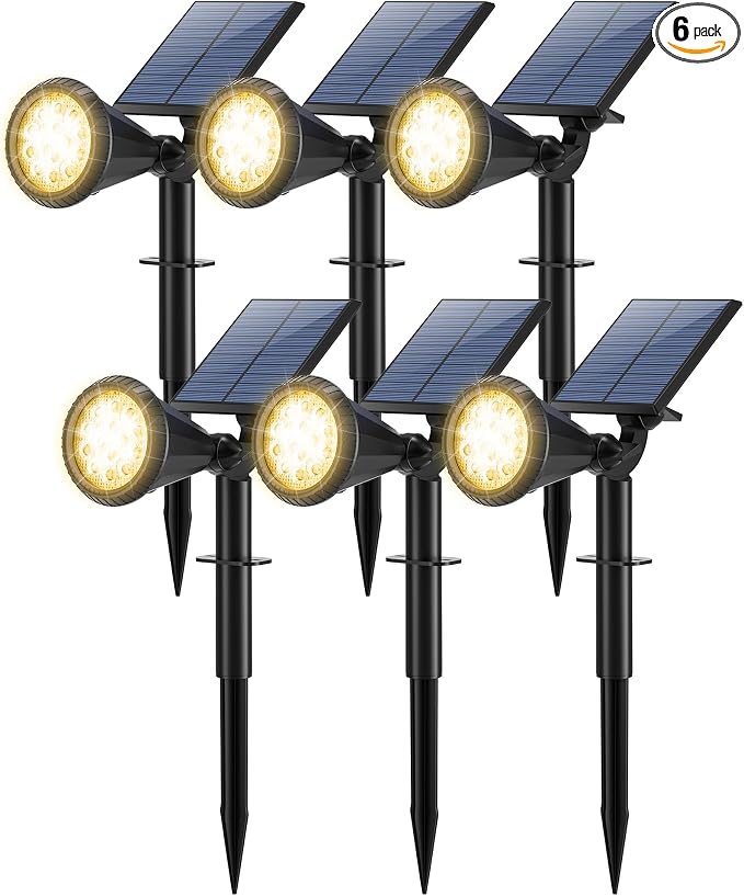 Tadyreal Solar Spot Lights Outdoor Waterproof 180° Adjustable Solar Powered Landscape Lights for Yard 4 Lighting Modes Solar Spotlights for Pathway Garden Outside Wall Pool Porch (6 Pack, Warm White)