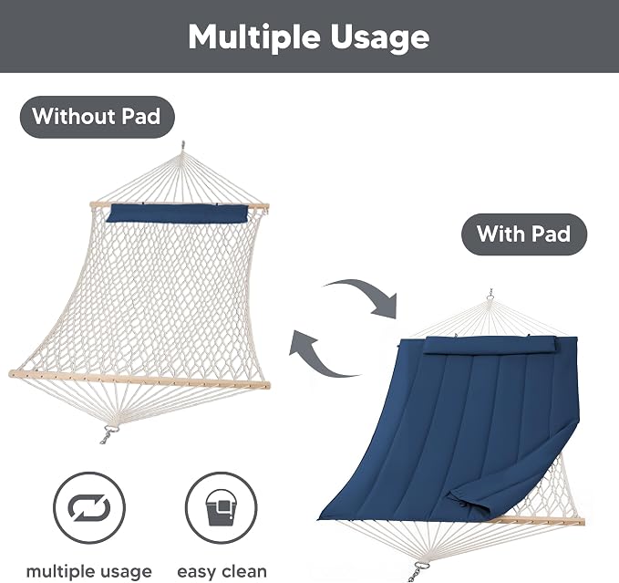 SUNCREAT Hammocks Outdoor Double Hammock with Hardwood Spreader Bar, Heavy Duty Cotton Rope Hammock with Polyester Pad, Dark Blue