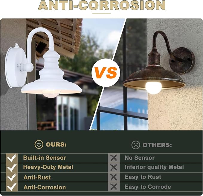 Dusk to Dawn Sensor Outdoor Gooseneck Barn Light Fixture White | Exterior Wall Sconce Lighting Waterproof Outside Porch Lantern Rustic Wall Mount Lamp for House Garage Farmhouse