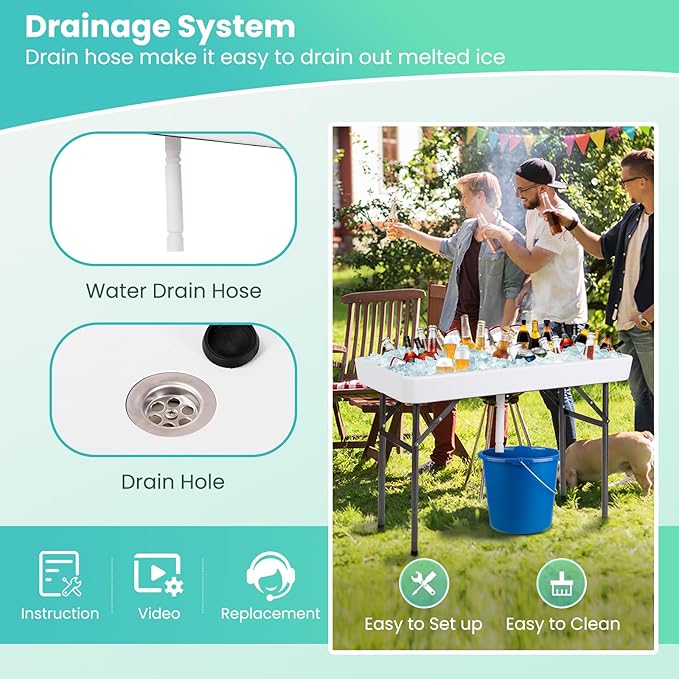 LDAILY Cooler Table, Outdoor Beverage Ice Tables for Parties with Drain, 3” Deep Sink, Removable Matching Skirt, Portable Folding Fish Cleaning Table for Camping, Picnic, Wedding, BBQ, Buffet (White)