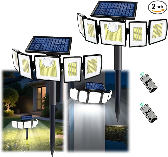 MDCMDCM Solar Lights Outdoor Waterproof Motion Sensor - 416 LEDs 3000 Lumens Super Bright 3 Brightness 3 Modes 360° Illumination 32ft Solar Flood Security Light for Outside (with Stakes, 2)