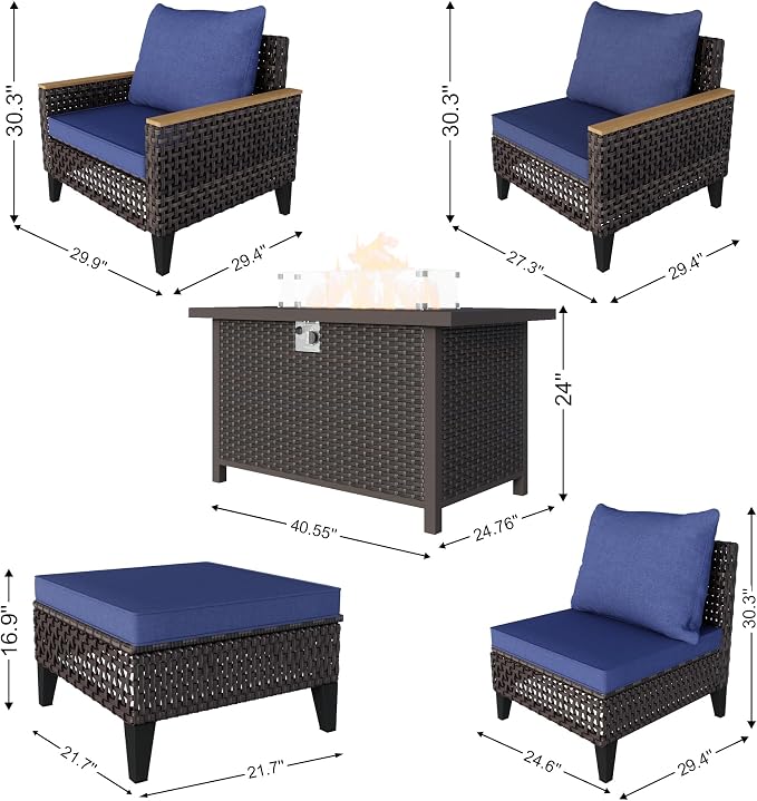 15-Piece Outdoor Patio Furniture Set, Wicker Rattan Conversation Set with Fire Pit Table and Foot Rest, Sectional Modular Sofa Couches Chairs Ottomans for Deck, Balcony, Backyard, Yard (Blue Cushions)