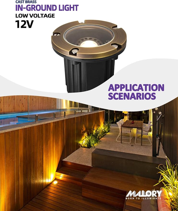 MALORY Brass Top Cover Landscape Well Lights, (φ126 mm) 12V Low Voltage Outdoor In Ground Lights,Landscape Lighting for Pathway, Driveway and Garden 4-Pack with MR16 Bulb (Flat Top)