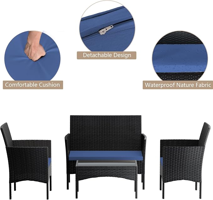 4 Pieces Patio Furniture Set Outdoor Conversation Set Rattan Furniture Set Wicker Chairs and Sofa with Glass Table for Porch Pool Backyard Garden,Navy Blue
