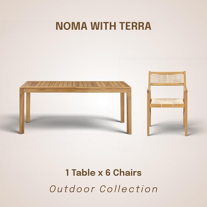 NTC Noma 63 Inch Solid Wood Dining Table and 6 Terra Chairs, Weather Resistant Patio Table for Patio Dining Sets, Backyard, Deck & Dining Room, Easy Assembly, Natural