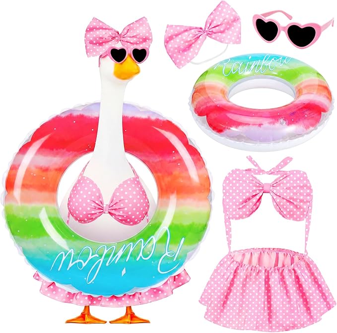 Porch Goose Summer Outfit, 23 Inch Hawaiian Bikini Costume, Accessories Include Bow, Sunglasses & Swim Ring, Fits Cement Goose Statue for Garden Patio Yard Outdoor Decor (Polka Dot)