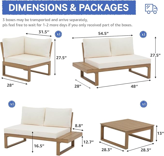 SUNSITT 4 Piece Acacia Wood Patio Furniture with Waterproof Cover, L-Shaped Outdoor Sectional Sofa Set with Coffee Table, FSC Certified Conversation Set with Built-in Side Table & Cream White Cushions