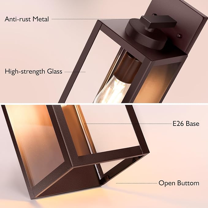 BesLowe 15” Large Outdoor Wall Light Fixture, Exterior Porch Sconce, Brown | Waterproof, Rust-Resistant, Durable Metal with Clear Glass, Standard E26 Socket, Easy to Install