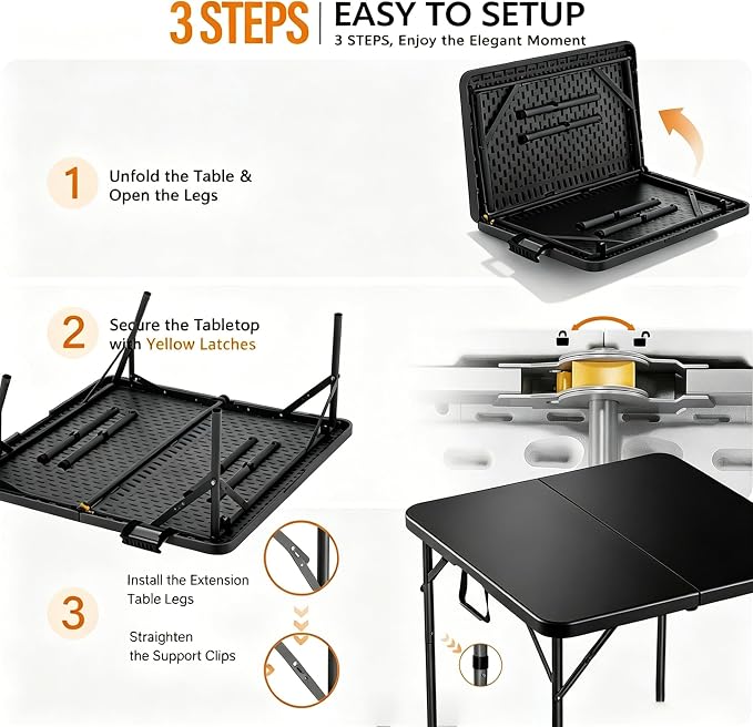 34 In Square Folding Card Table,Heavy Duty Plastic Foldable Table with Built-in Carry Handle&Steel Legs,Portable Indoor Outdoor Utility Table for Dining,Party,GameNight, Camping,Picnic,Black