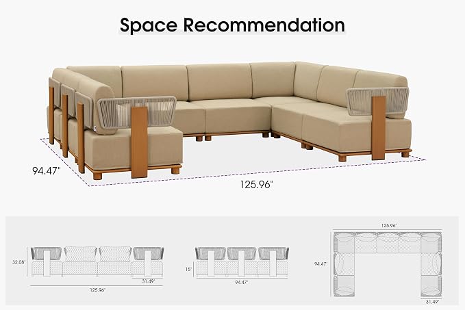 PURPLE LEAF Patio Furniture Set Modular U-Shaped Outdoor Sectional Sofa with 11" Thick Olefin Cushion 8-Piece Outdoor Conversation Set with Coffee Lights for Patio Backyard Garden Poolside, Beige