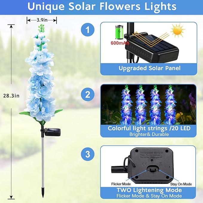 MRHEPHAESTUS Solar Garden Lights, Solar Blue Delphinium Flowers Lights 4 Pack 80 LEDs, Waterproof Outdoor Light Two Lighting Modes for Outside Wedding Party Garden Yard Patio Lawn Decor