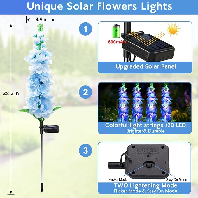 MRHEPHAESTUS Solar Garden Lights, Solar Blue Delphinium Flowers Lights 8 Pack 160 LEDs, Waterproof Outdoor Light Two Lighting Modes for Outside Wedding Party Garden Yard Patio Lawn Decor