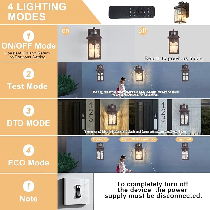 Porch Lights with GFCI Outlet with Remote | Dusk to Dawn Motion Sensor Outdoor Light, Upgraded 4 Lighting Modes Exterior Fixture Outside Lights for House Patio Garage