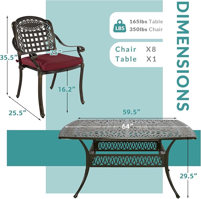 MEETWARM 9-Piece Outdoor Furniture Dining Set for 8, All Weather Cast Aluminum Patio Dining Set- Large 64" Square Table with Umbrella Hole and 8 Cushioned Chairs, Patio Table and Chairs Set, Red