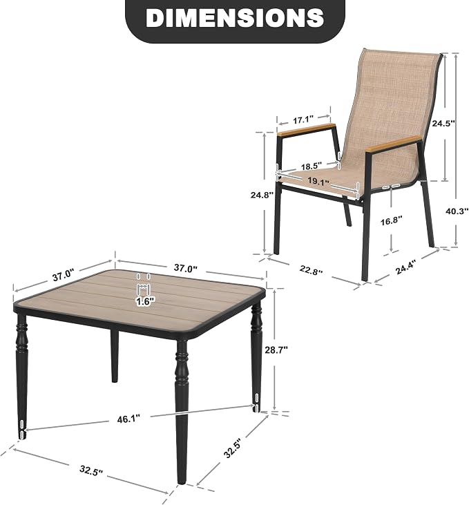 NUU GARDEN 5-Piece Patio Dining Set for 4, Wood-Grain Table with Umbrella Hole and 4 Stackable Textilene Chairs with Faux Wood Armrests, Black and Khaki