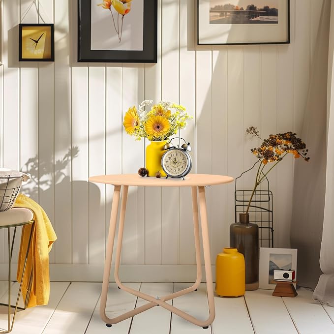 EortheX Small Round Metal Coffee Side Birstro Table – Sturdy & Weather-Resistant Accent Table for Patio, Balcony Indoor Outdoor Use - Metal Desert Gold