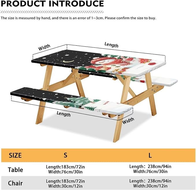 Snowman Picnic Table Cover with Bench Covers Elastic Edges, Rectangle Fitted Christmas Table Cover, Outdoor Patio Camping Essentials 72 Inch 3PCS, Waterproof Camping Fitted Tablecloth