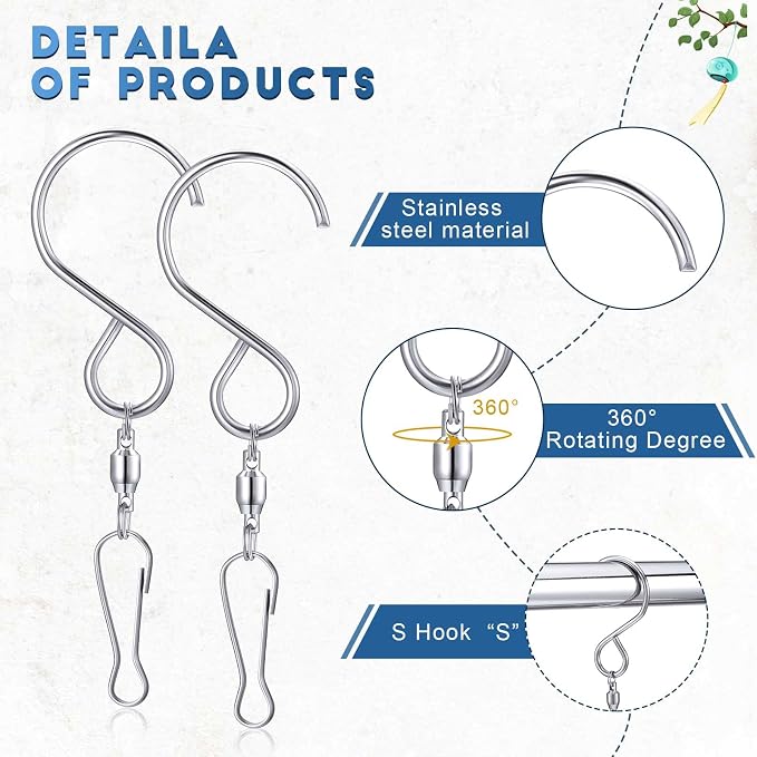 Mudder 4 Pack Spinner Hooks for Wind Spinners, Swivel Clips for Hanging | Wind Chimes Compatible, Crystal Twisters Hanger, Swivel Bearing, Outdoor Patio Garden Use, 4 Clips Included