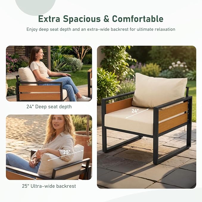 Furnimart Patio Furniture Set, 3-Piece Metal Outdoor Sectional, 2-Seat Patio Conversation Set with Deep Seating, Thick Cushions & Coffee Table for Backyard, Porch & Deck, Beige
