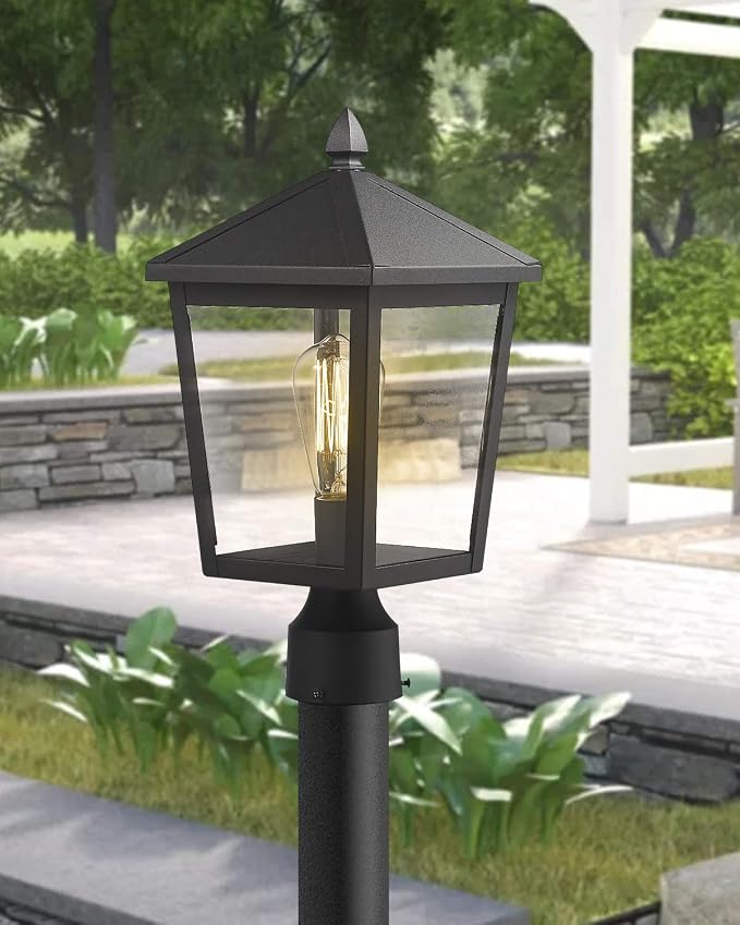 zeyu Outdoor Post Light, 16 Inch Exterior Pole Light Pillar Lantern with Clear Glass Shade and Black Finish, 20076P