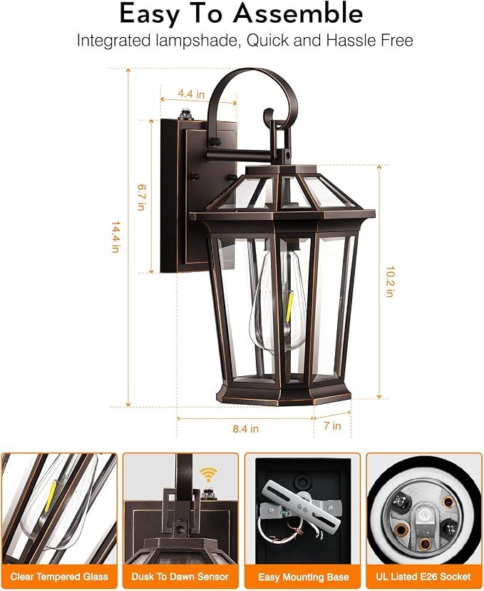 VIANIS Outdoor Wall Lights, 2-Pack Dusk to Dawn Outdoor Lighting, Rustproof Exterior Lighting Fixtures, Farmhouse Oil-Rubbed Bronze Exterior Wall Light, Waterproof Porch Light Fixture with E26 Soket