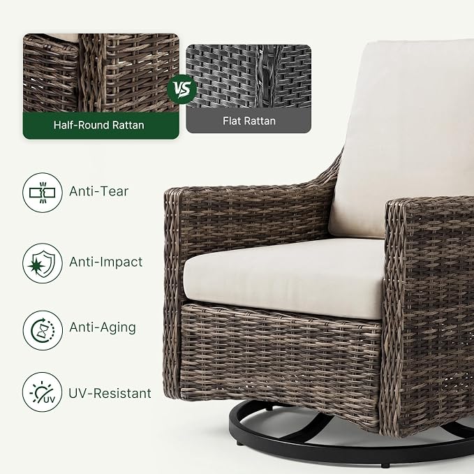 Outdoor Swivel Rocker Patio Chair with Premium Cushion, High Back Wicker Patio Swing Glider for Deck, Porch, Patio and Poolside (Beige, 3 Pcs - Swivel Glider & Side Table)