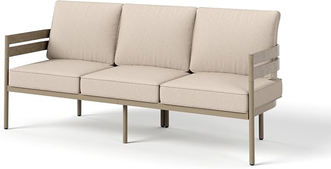 SUNSHINE VALLEY Metal Frame Outdoor Patio Sofa with Cushion, Wood-Like Patio Couch for Deck Balcony Front Porch