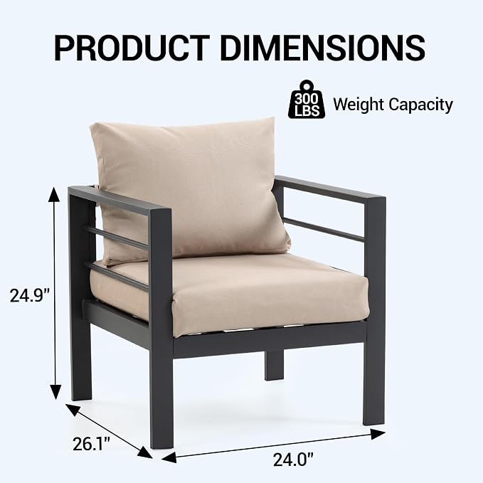 4-Piece All-Weather Metal Patio Furniture Set, Sectional Conversation Sofa w/Coffee Table, Heavy Duty Steel Frame & Washable Cushions for Backyard Garden (Khaki, Armchair)