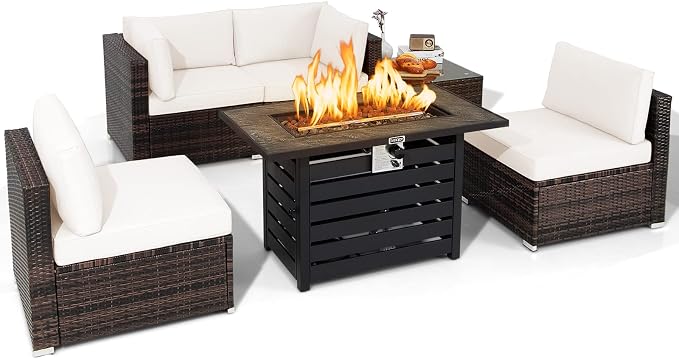 Tangkula 6-Piece Patio Furniture Set with 42 Inches Propane Fire Pit Table, Outdoor Wicker Conversation Set with Cushions and Tempered Glass Coffee Table, 50,000 BTU Gas Fire Pit Table (Off White)
