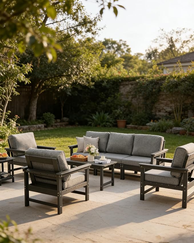 HDPE Outdoor Patio Furniture Set with Cushions, 7 Piece Patio Conversation Set Sofa Set,All Weather Outdoor Couch Set with Coffee Table for Lawn, Garden, Deck