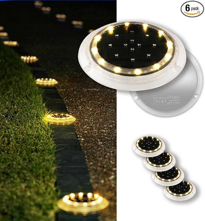 Solar Dock Lights, Deck LED Disc, Warm White, 6 Pack | Outdoor Waterproof, Flat Low Profile, Driveway, Ground, Anti-Slip & Anti-Trip, Soft Anti-Glare