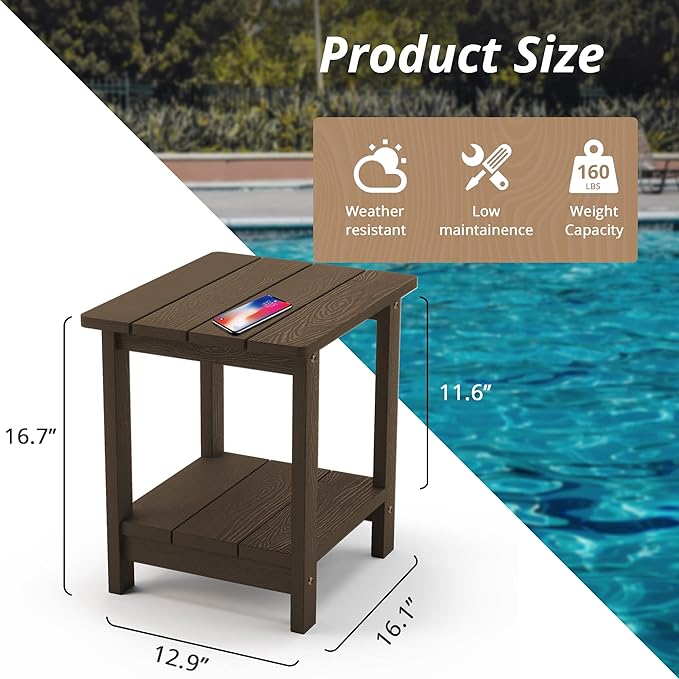 LUE BONA Adirondack Outdoor Side Table, 2-Tier Dark Brown HDPS Patio End Table Weather Resistant,Outdoor Morden Side Table for Patio, Pool, Porch
