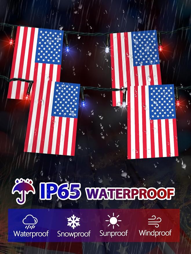 4th of July Decorations 50 LED Solar American Flag String Lights Outdoor | 25 USA Flags, 8 Modes, Memory Function, Auto On/Off, 18.8FT Waterproof Twinkle Lights for 250th Anniversary Patriotic Decor