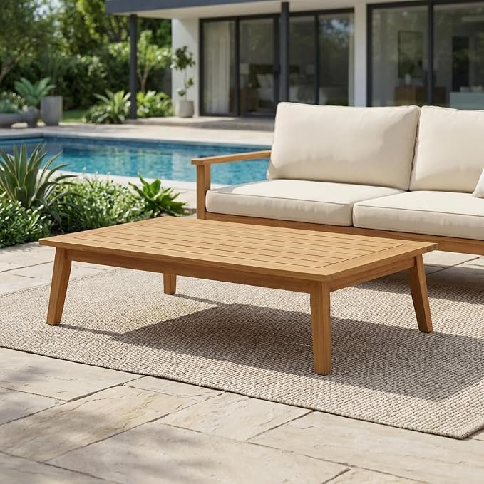 Brown Fontana Outdoor Coffee Table, Teak Wood, Midcentury Modern, Scandinavian, Contemporary, Lightweight 31.97 Lbs