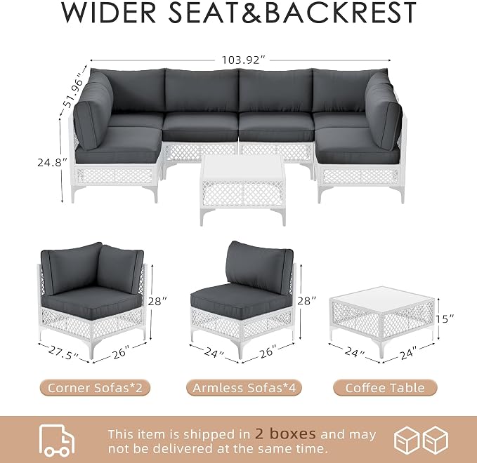 Vikiullf Patio Conversation Set, 7 Piece Outdoor Sectional Sofa Set with Coffee Table, White Wicker with Grey Cushions (White and Grey, 7 piece)