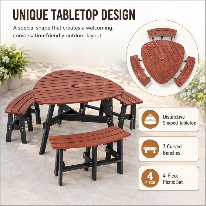 6-Person Round-Style Outdoor Picnic Table with Umbrella Hole, Curved-Edge Patio Dining Table with 3 Attached Benches, Backyard Picnic Table Set for Garden, Deck, Lawn & Camping, Brown & Black