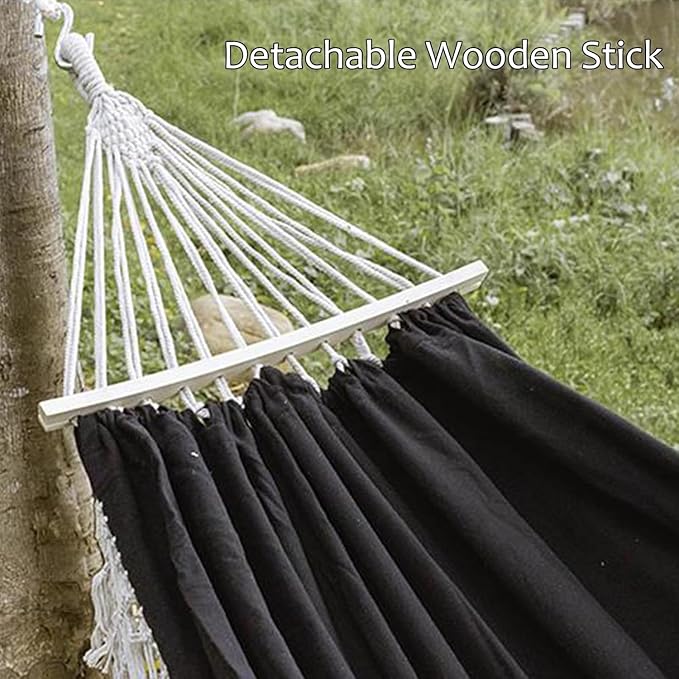 Double Hammock with Tassels, Cotton Canvas Portable Hanging Swing for Indoor Outdoor Use, 150kg Load Capacity, Ideal for Camping and Garden Relaxation