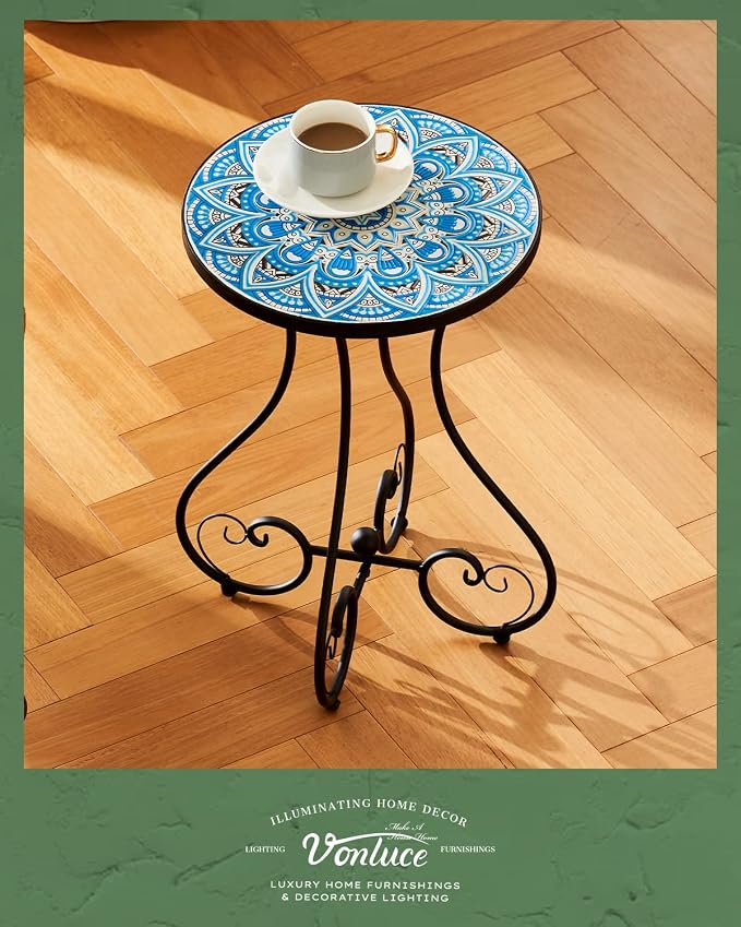 VONLUCE Outdoor Side Table and Mosaic Plant Stand, 21" Round End Table with 14" Ceramic Tile Top for Patio Porch Decor, Indoor & Outdoor Accent Table, Small Coffee Table for Home Garden, Blue Mandala