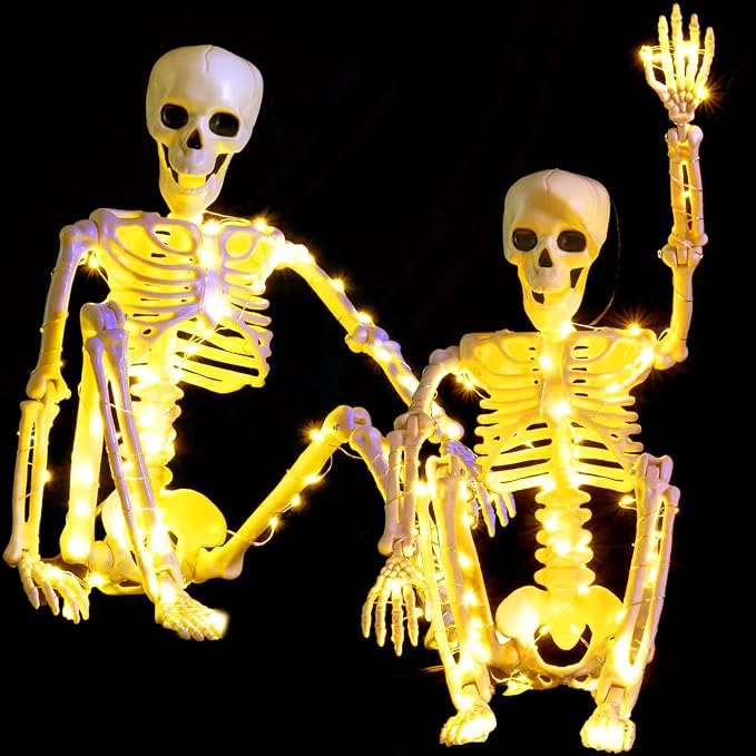 2 Pack 24 Inches Halloween Skeleton, LED Light Up Pose-N-Stay Halloween Skeleton Full Body Posable Movable Jonints for Halloween Decoration