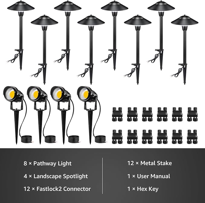 SUNVIE LED Low Voltage Landscape Lighting 12V Landscape Lighting Kit with Connectors, Low Voltage Pathway Lights with Spotlights Aluminum Pathway Lights Wired Waterproof for Patio Yard Garden, 12 Pack