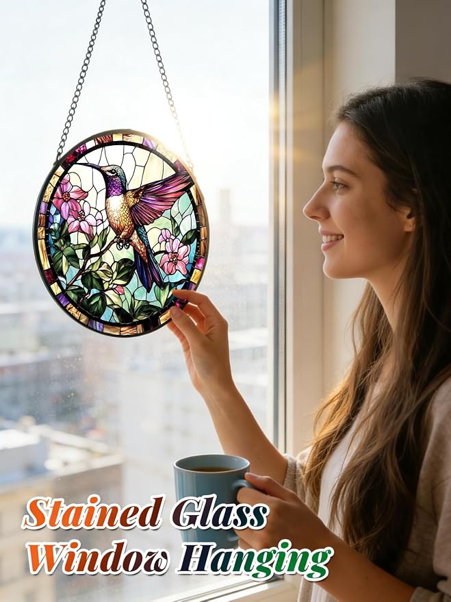 Hummingbird Stained Glass Suncatcher Window Hanging Flowers Gifts for Mom | 7.8in Garden Sun Catcher, Bird Pink Flowers Ornament for Door Home, Gift for Bird Lovers Grandma & Mother's Day Christmas